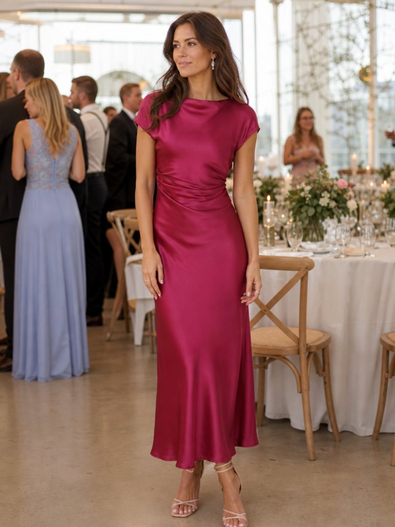 Women's Cap-Sleeve Satin Midi Party Dress - Burgundy