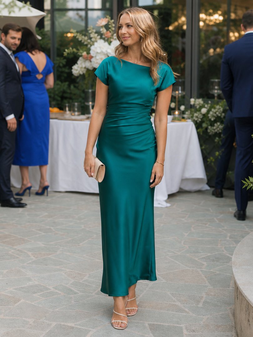 Women's Cap-Sleeve Satin Midi Party Dress - Dark green