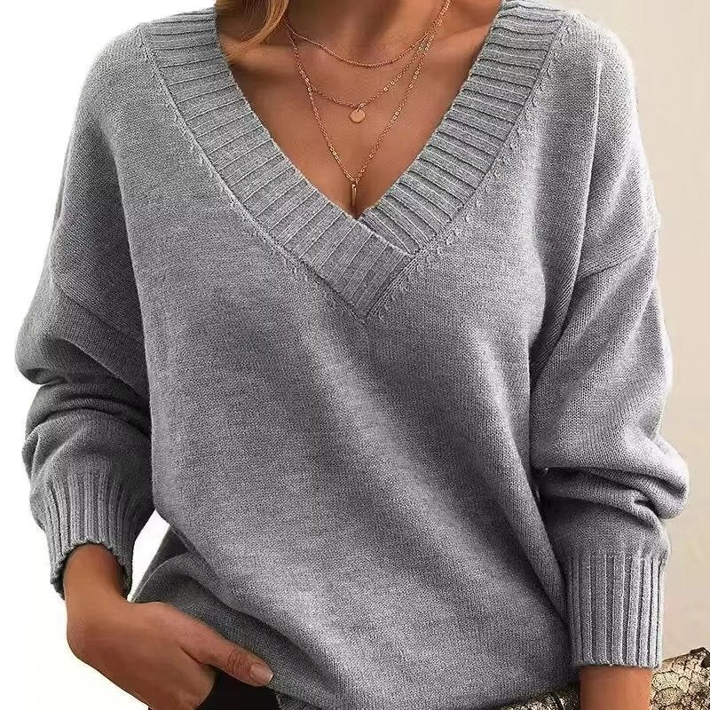 Women's Oversized V-Neck Knit Jumper - Gray
