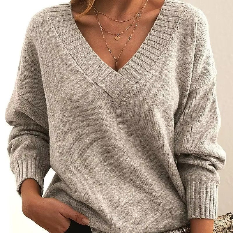Women's Oversized V-Neck Knit Jumper - Apricot