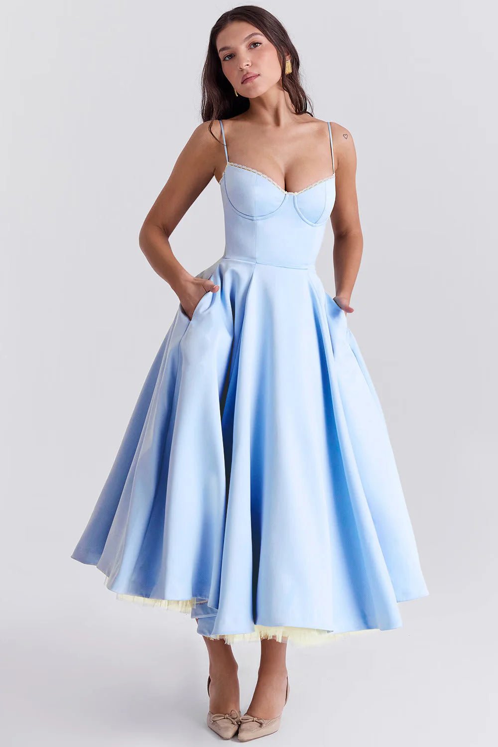 Women's Cocktail Satin Lace Midi Party Dress - Blue