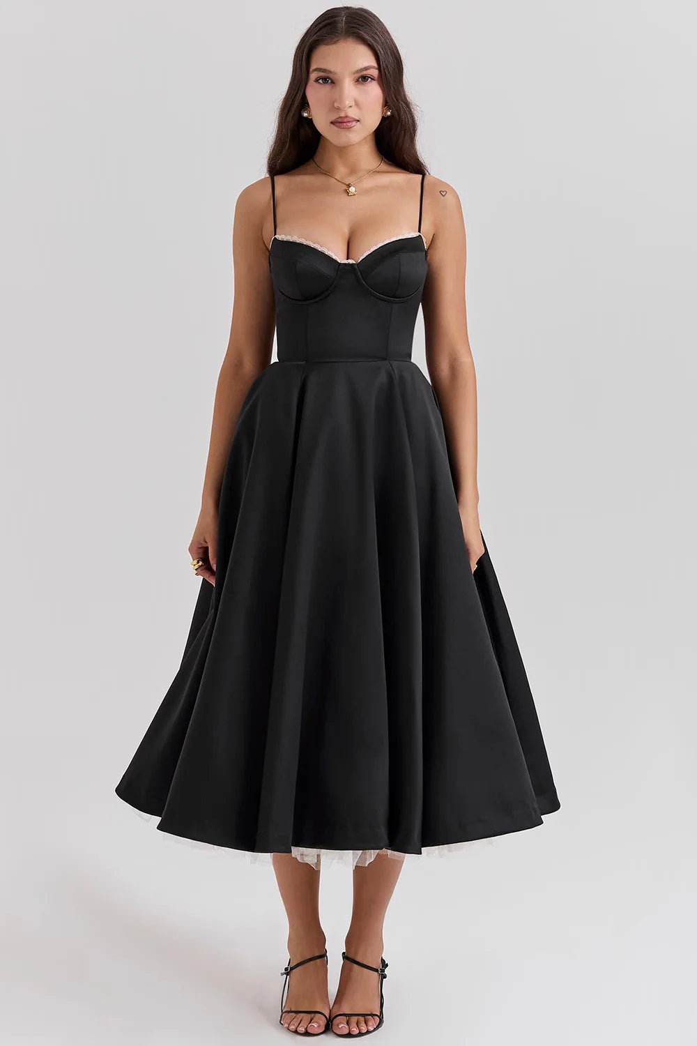 Women's Cocktail Satin Lace Midi Party Dress - Black
