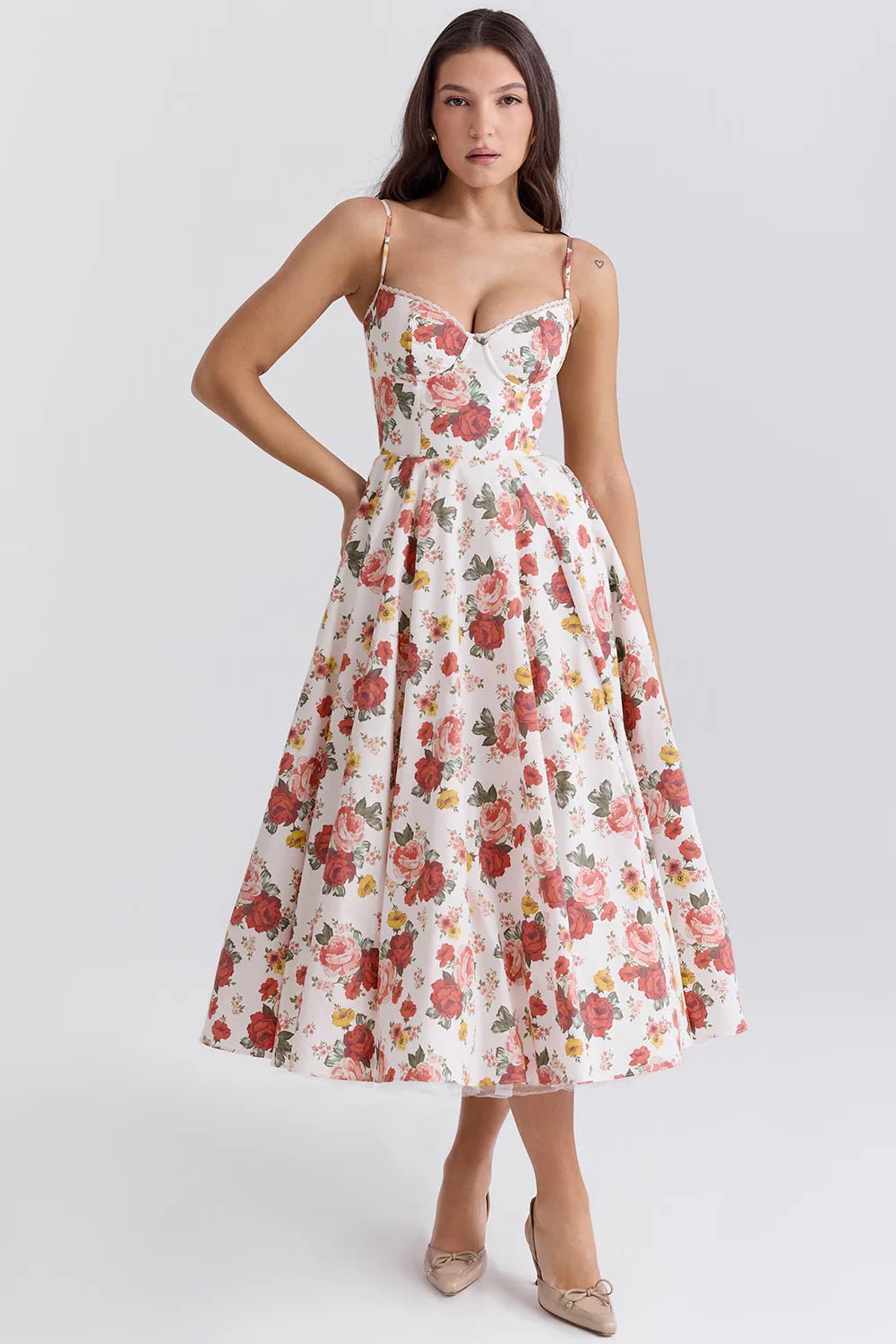 Women's Cocktail Satin Lace Midi Party Dress - Flowery