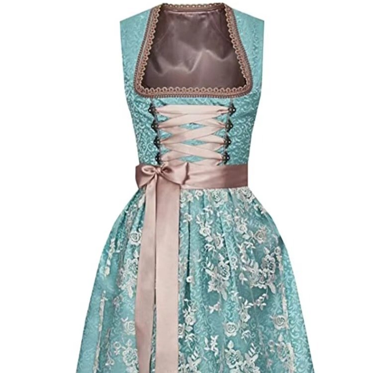 Women's Floral Square Neck Dirndl Satin Lace Party Dress - Green