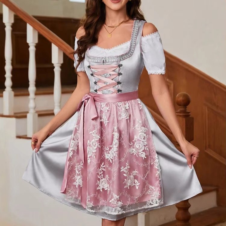 Women's Floral Square Neck Dirndl Satin Lace Party Dress