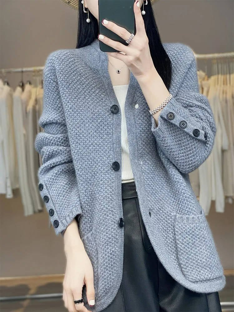 Women's Wool Waffle-Knit Jacket - Blue