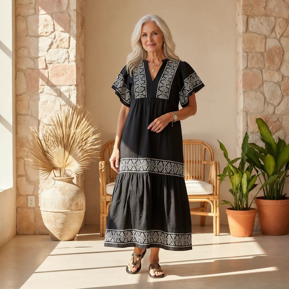 Women's Black V-Neck Midi Dress