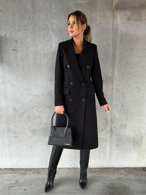 Women's Double-Breasted Longline Wool Coat - Black