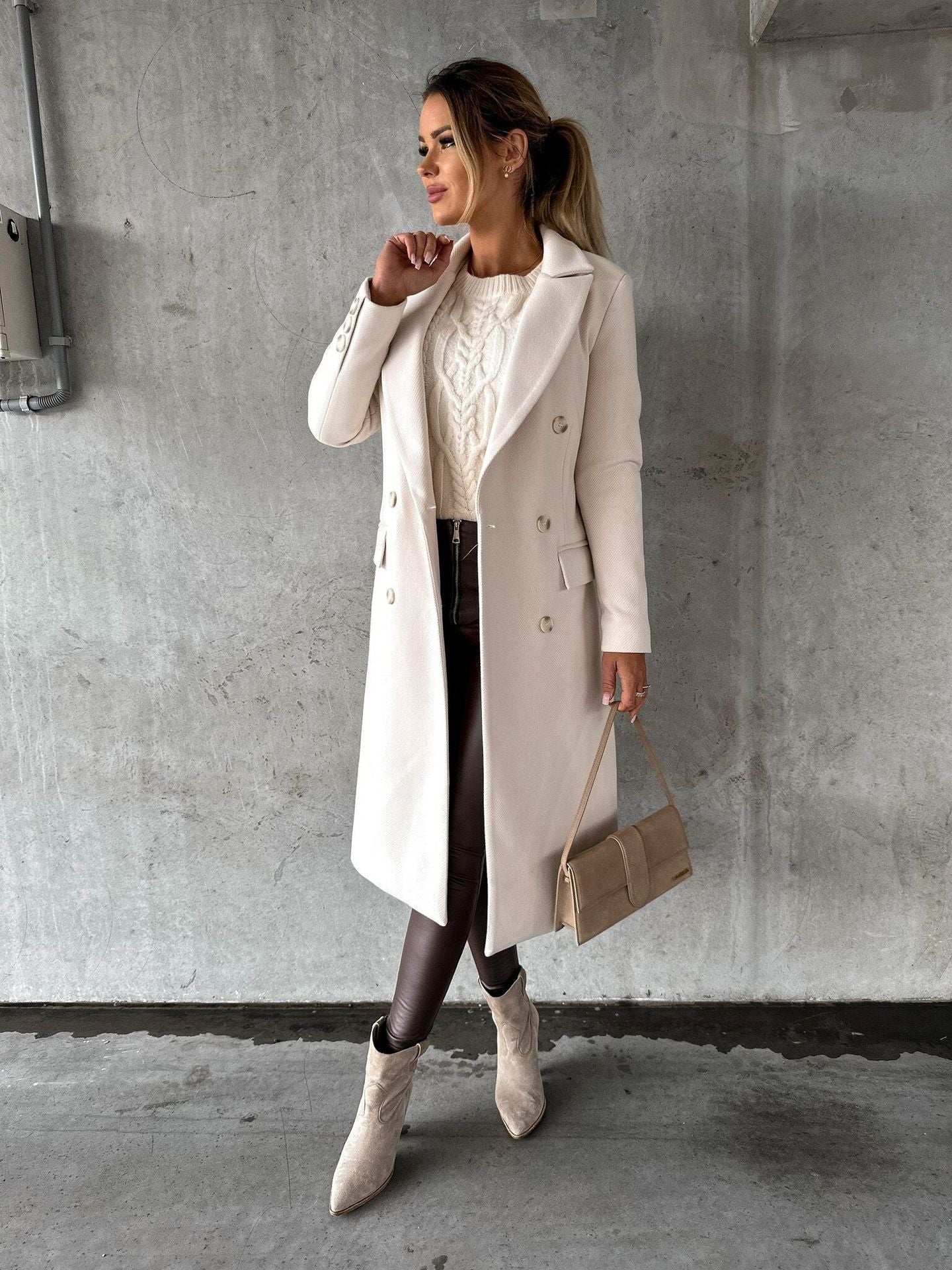 Women's Double-Breasted Longline Wool Coat - Beige
