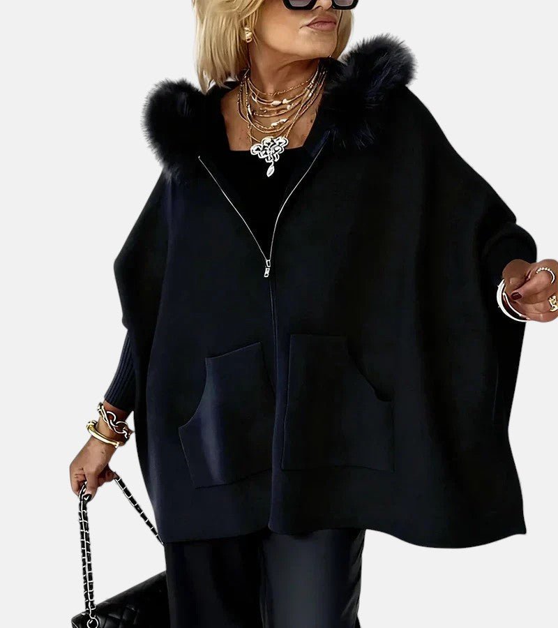 Women's Oversized Cape Hooded Faux Fur Wool Coat - Black