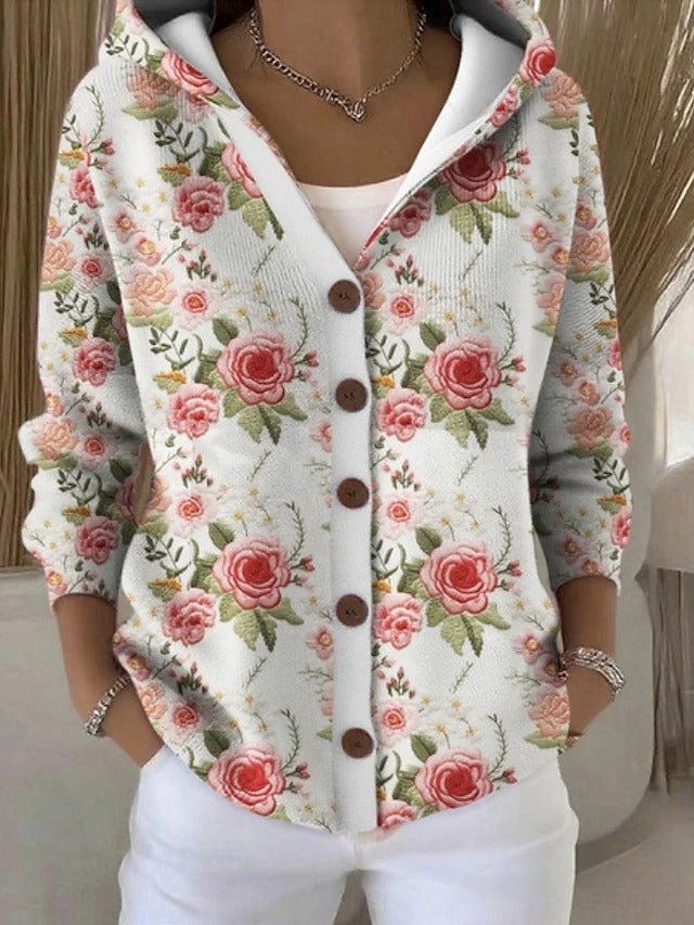 Women's Knit Hooded Cardigan - Floral White