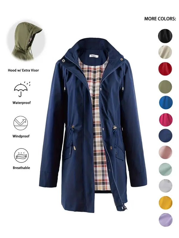 Women's Rain Waterproof Hooded Jacket - Navy Blue