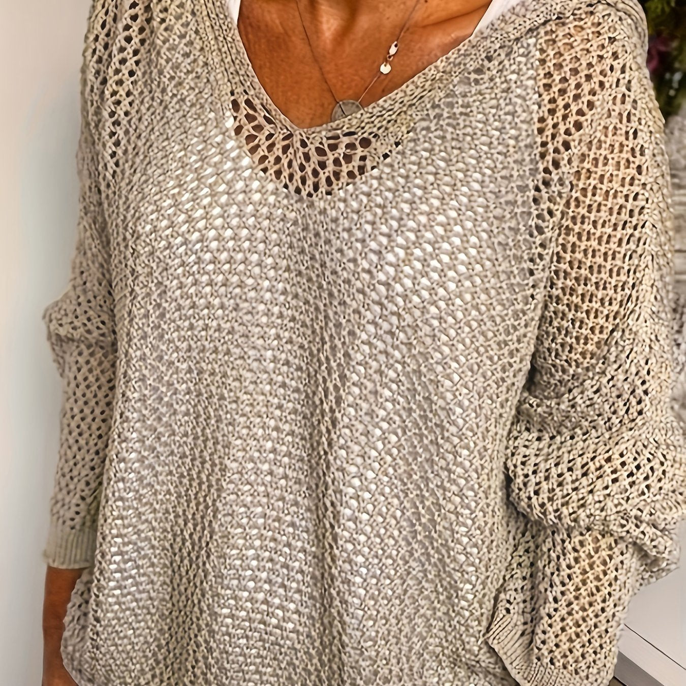 Women's Oversized V-Neck Hooded Jumper - Khaki