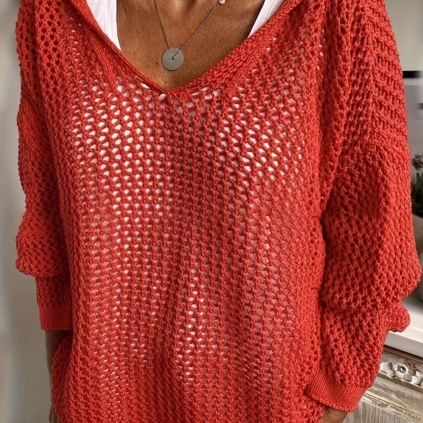 Women's Oversized V-Neck Hooded Jumper - Red