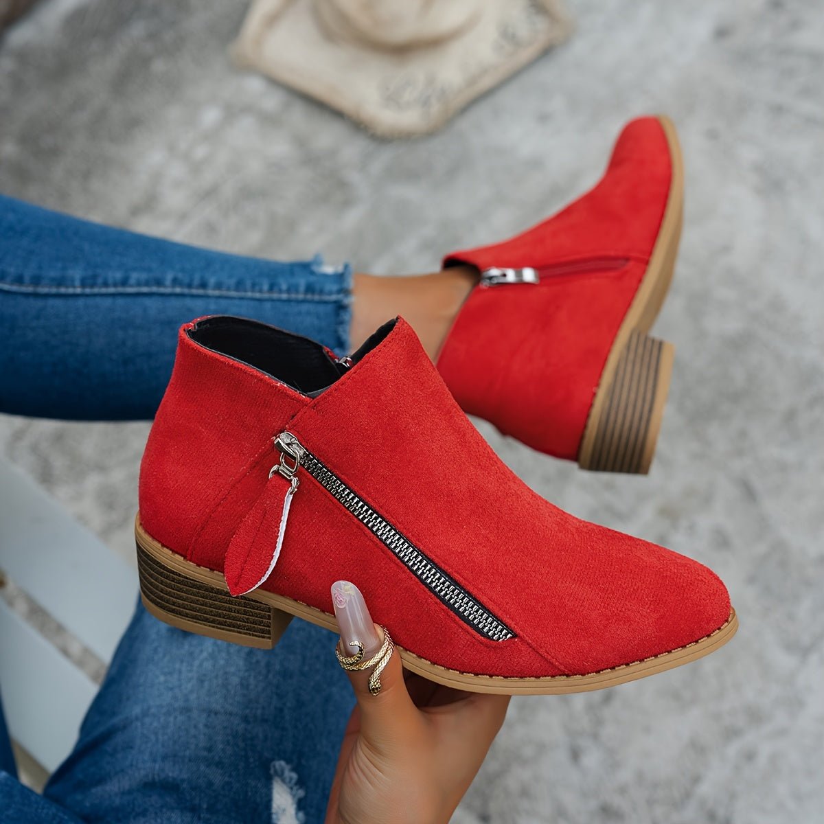 Women's Suede Ankle Boots - Red