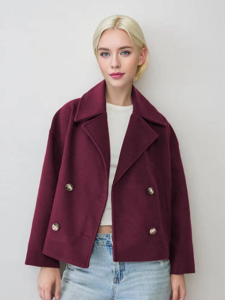 Women's Oversized Cropped Wool Pea Coat - Fuchsia