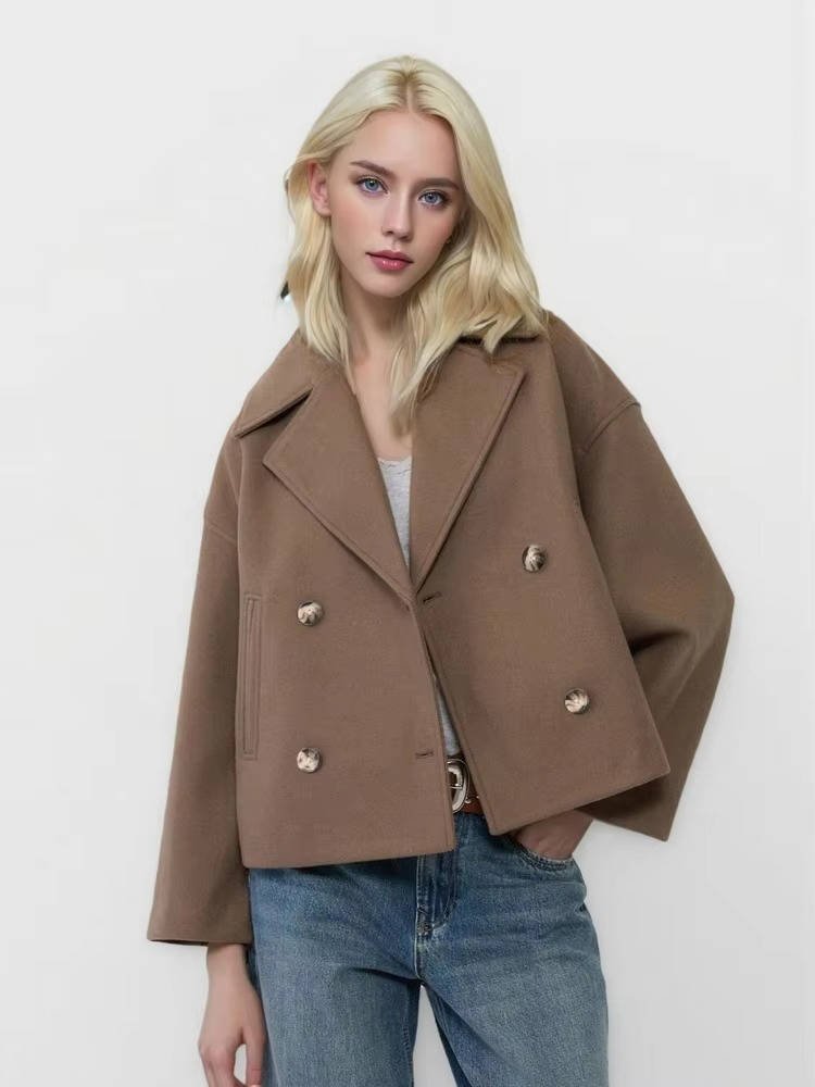 Women's Oversized Cropped Wool Pea Coat - Camel