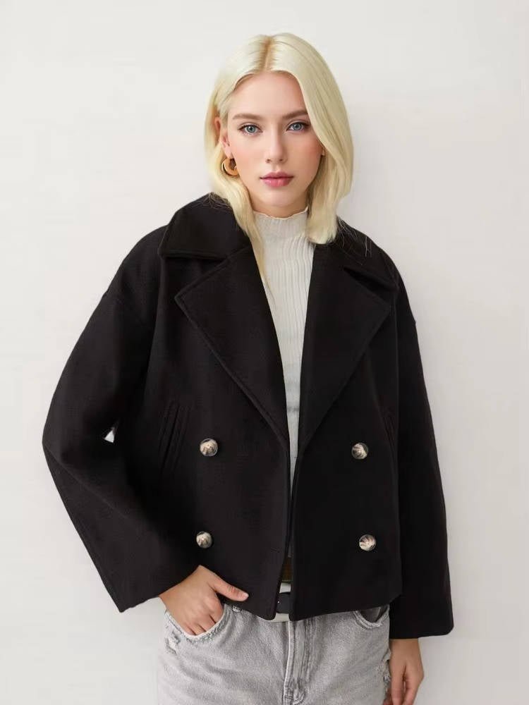 Women's Oversized Cropped Wool Pea Coat - Black