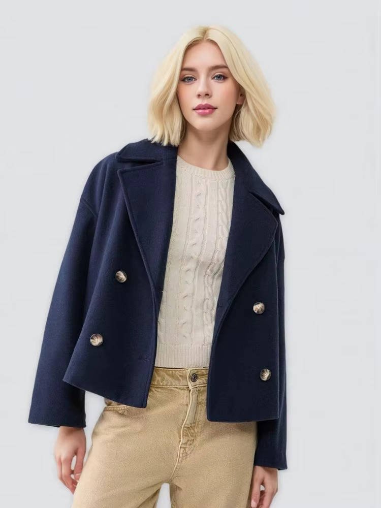 Women's Oversized Cropped Wool Pea Coat - Blue