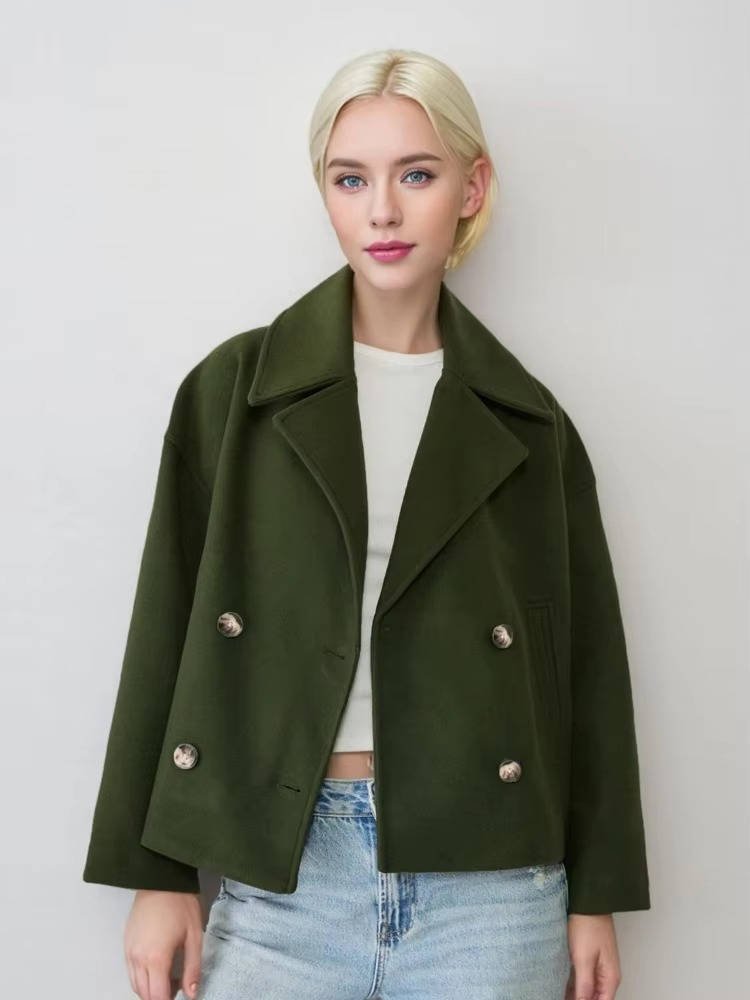 Women's Oversized Cropped Wool Pea Coat - Army Green