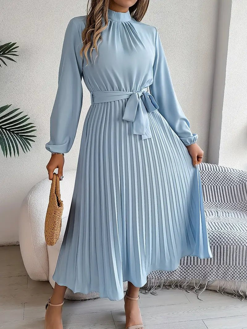 Women's Pleated Satin Long Sleeve Midi Party Dress - Light Blue