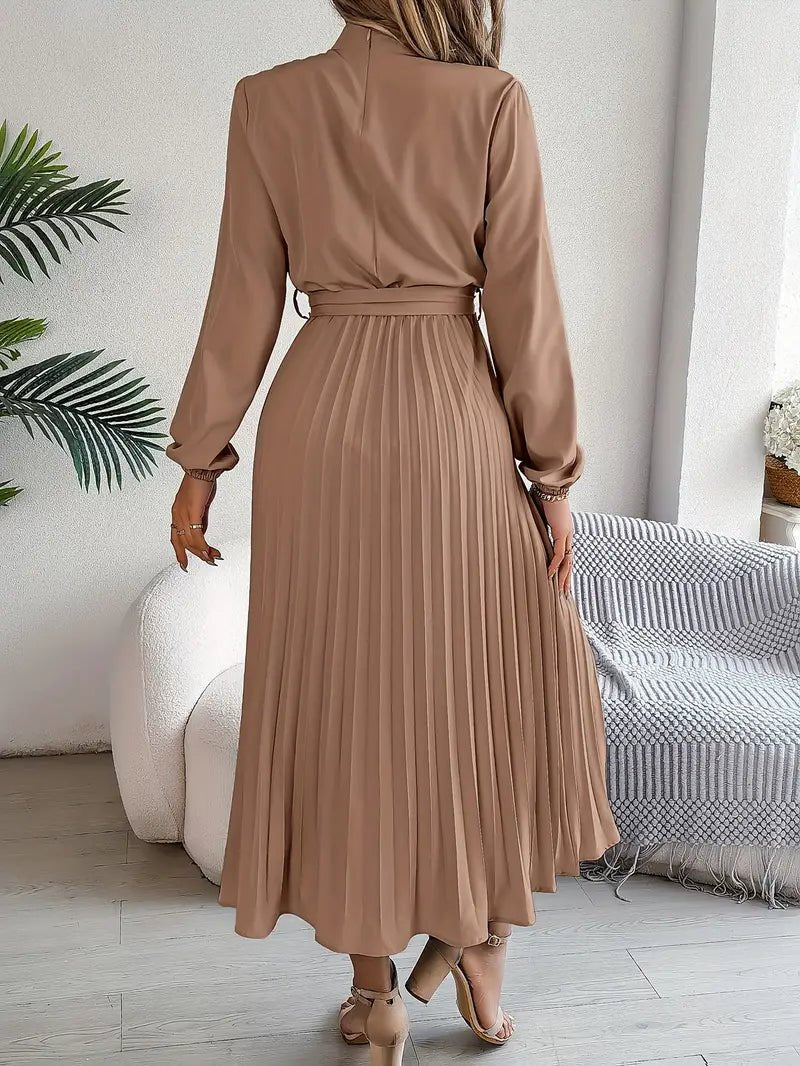 Women's Pleated Satin Long Sleeve Midi Party Dress