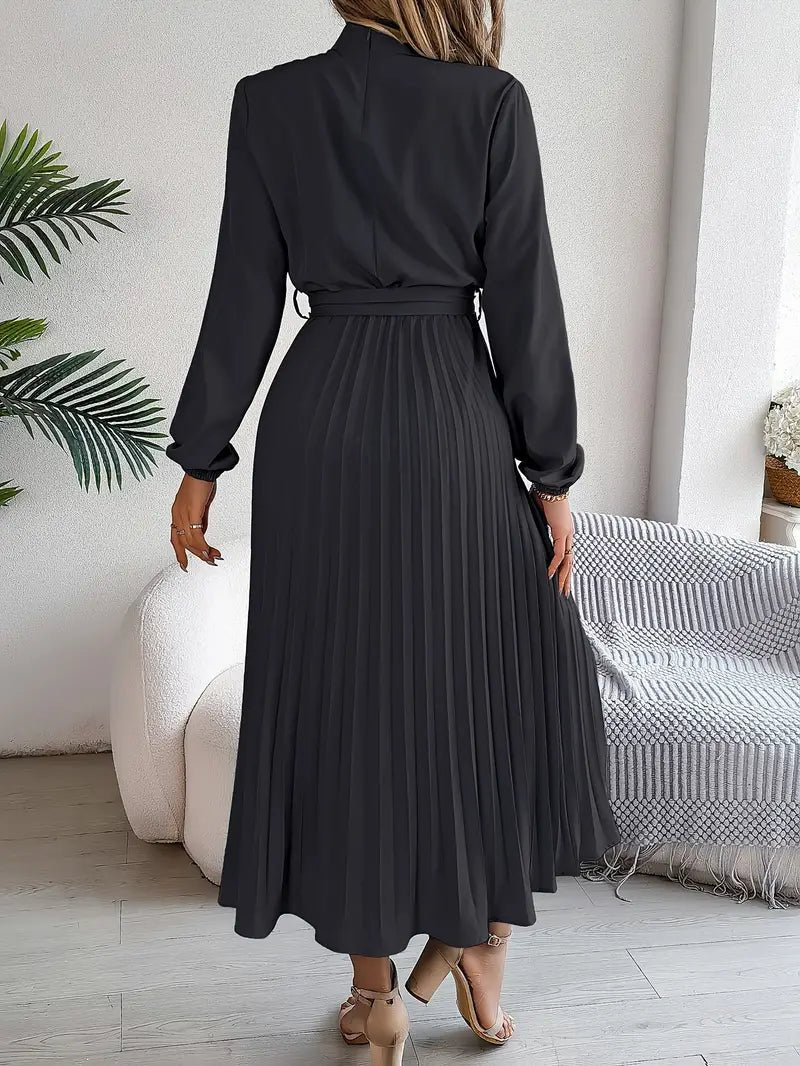 Women's Pleated Satin Long Sleeve Midi Party Dress