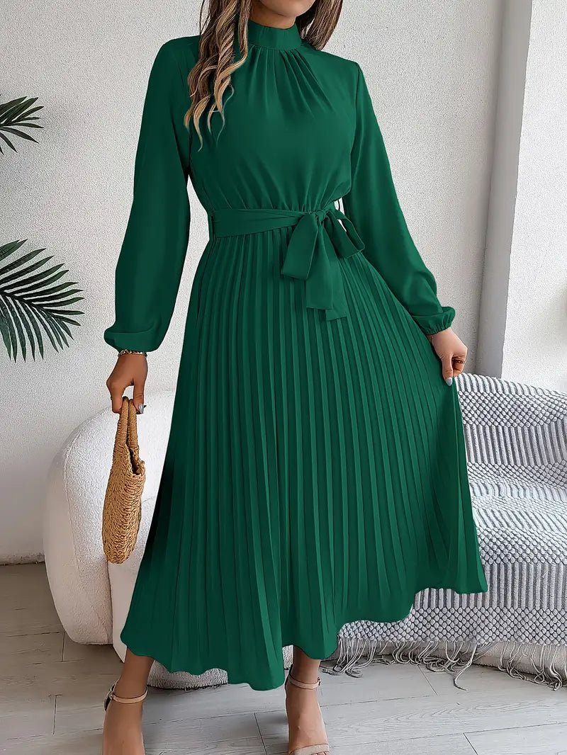 Women's Pleated Satin Long Sleeve Midi Party Dress - Green