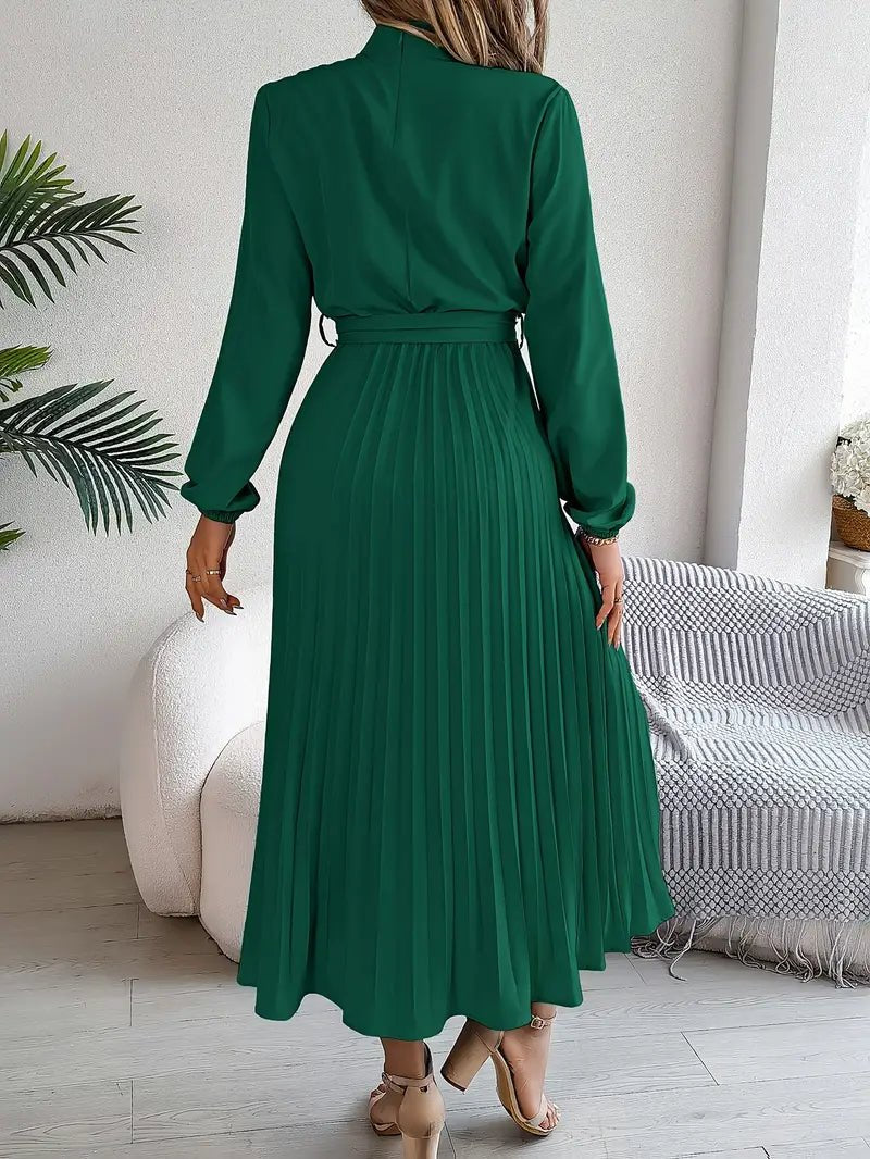 Women's Pleated Satin Long Sleeve Midi Party Dress