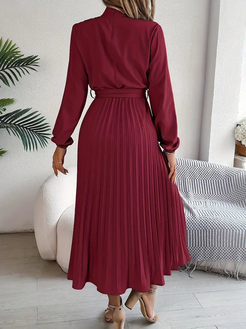 Women's Pleated Satin Long Sleeve Midi Party Dress