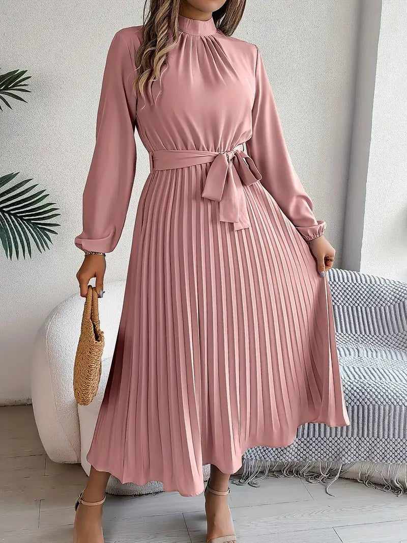 Women's Pleated Satin Long Sleeve Midi Party Dress - Pink
