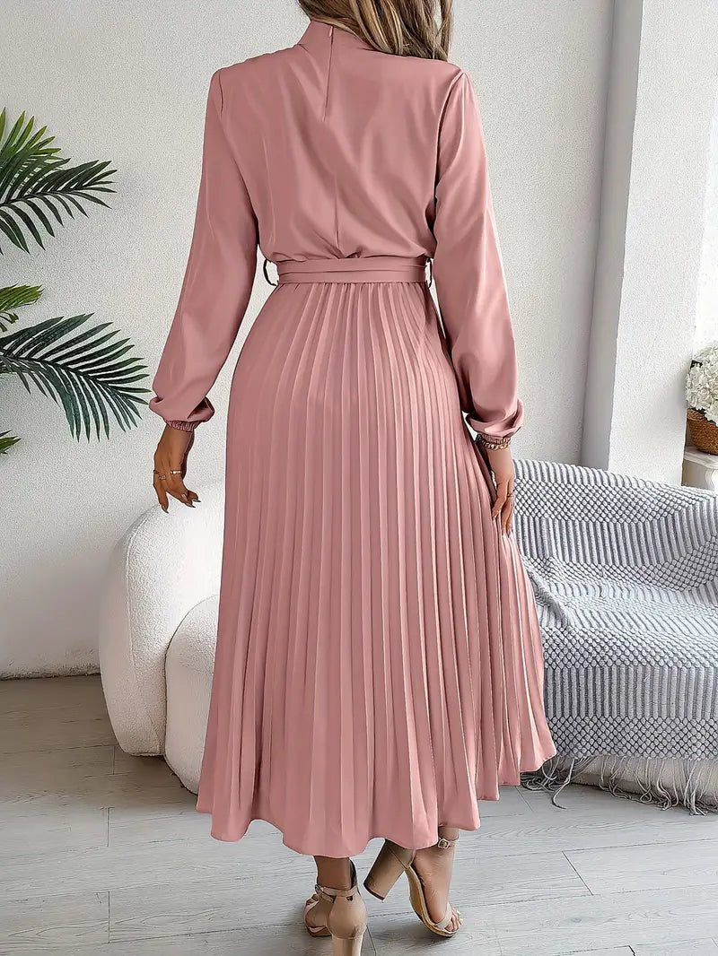 Women's Pleated Satin Long Sleeve Midi Party Dress