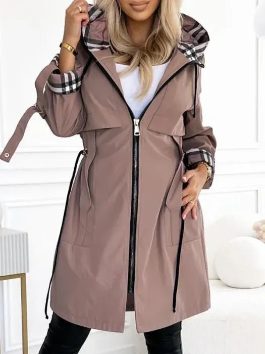 Women's A-Line Hooded Longline Trench Coat - Brown