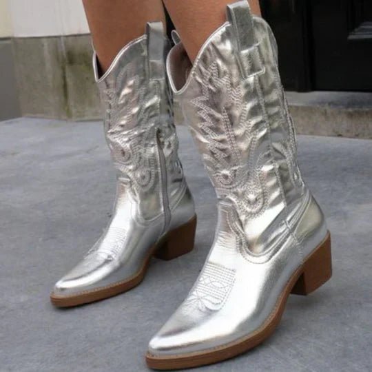 Women's Embroidered Western Cowboy Boots - Grey