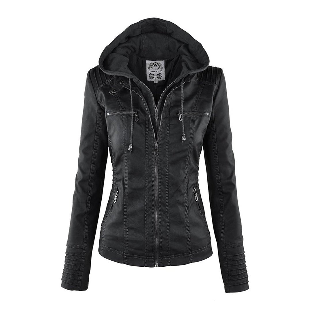Women's Faux Leather Moto Hooded Jacket - Black