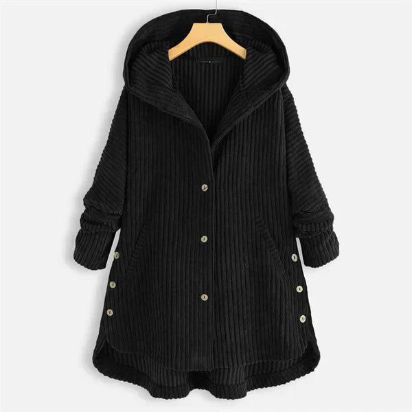Women's Oversized Corduroy Hooded Longline Coat - Black