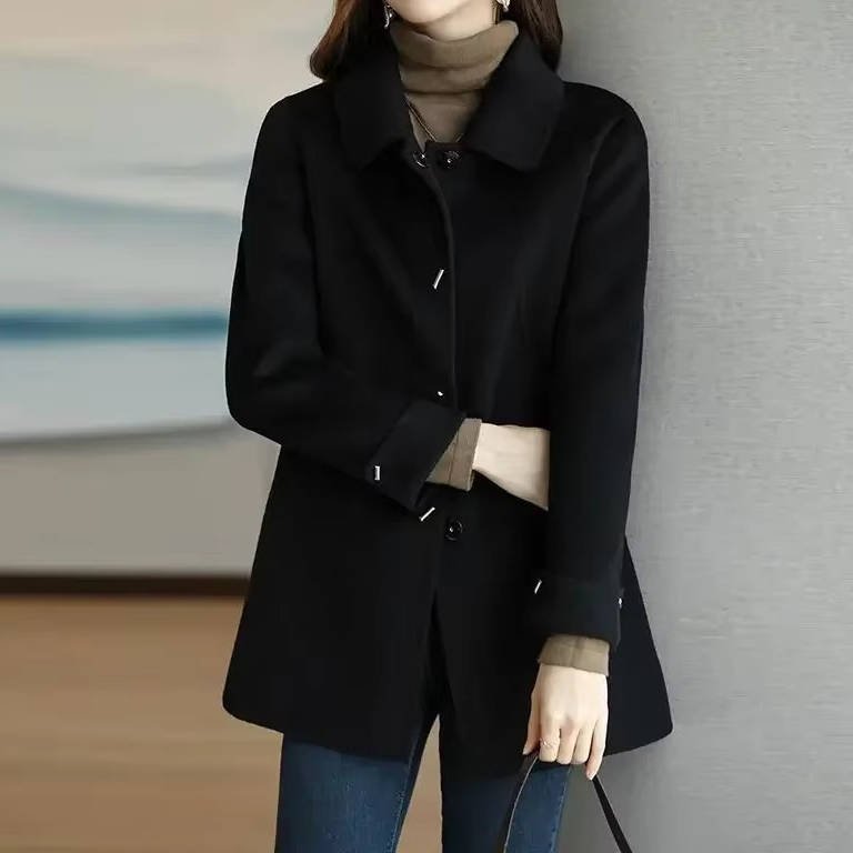 Women's Single-Breasted Wool Coat - Black