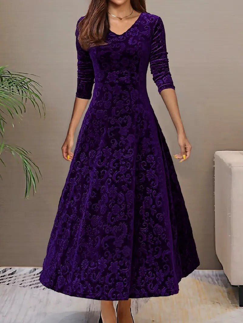 Women's V-Neck Velvet Midi Party Dress - Purple