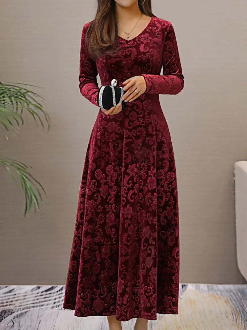 Women's V-Neck Velvet Midi Party Dress