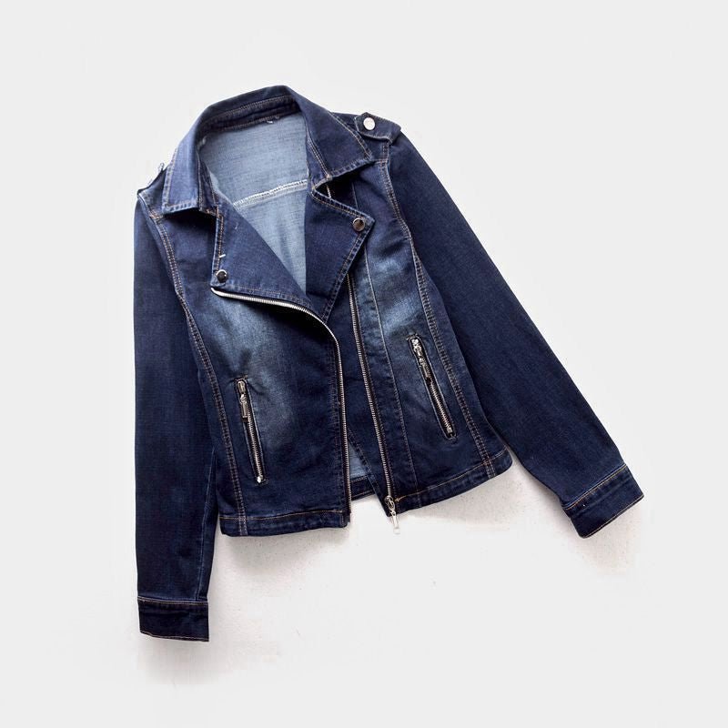 Women's Cropped Denim Moto Jacket - Blue Marine