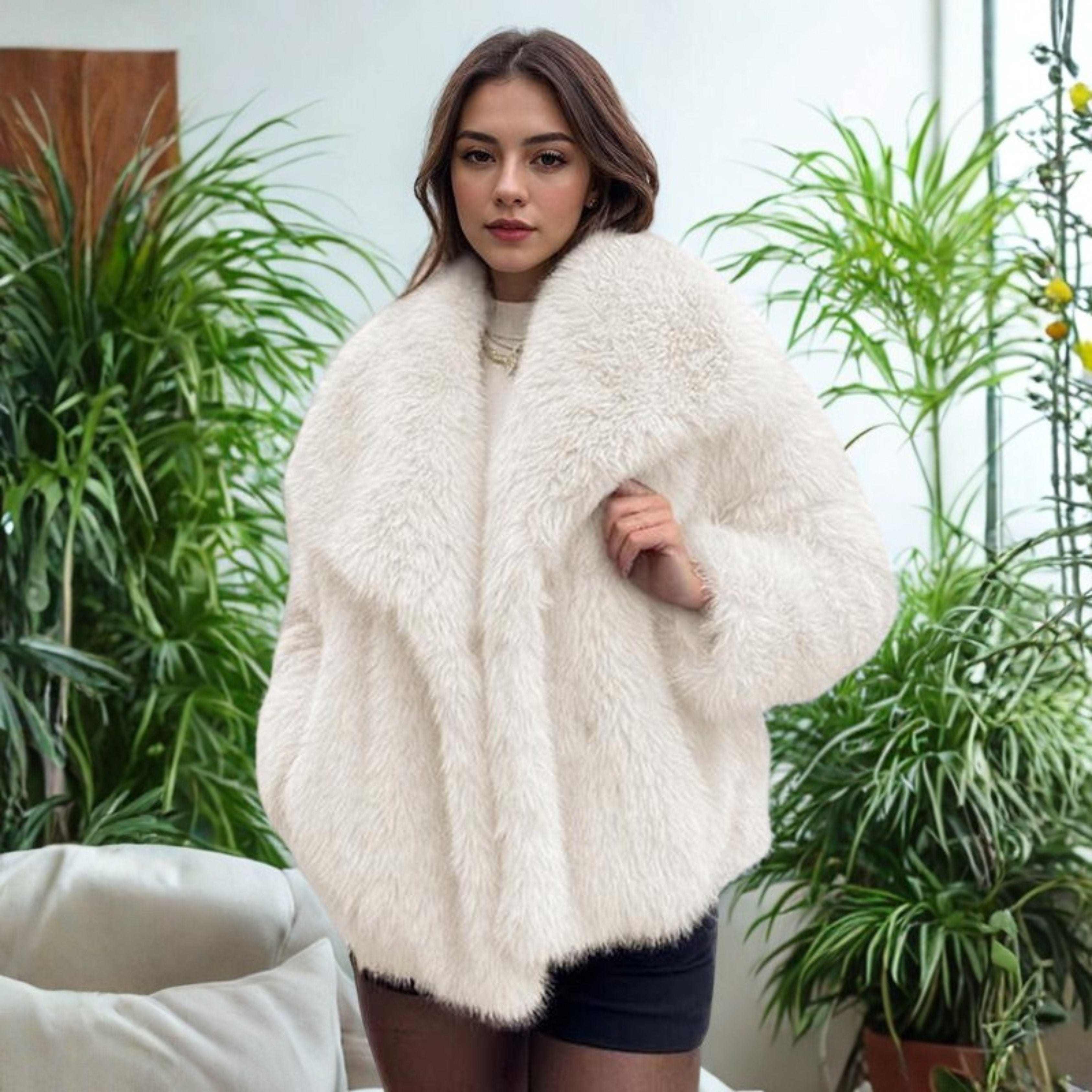 Women's Cropped Faux Fur Jacket - White