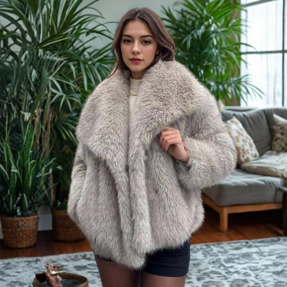 Women's Cropped Faux Fur Jacket - Gray