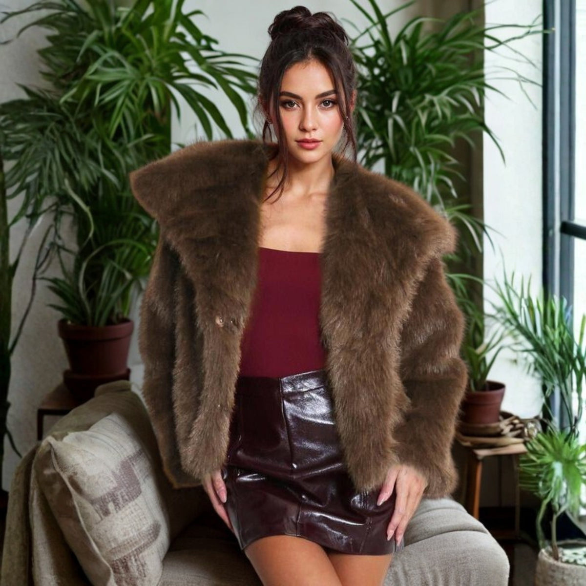 Women's Cropped Faux Fur Jacket - Brown