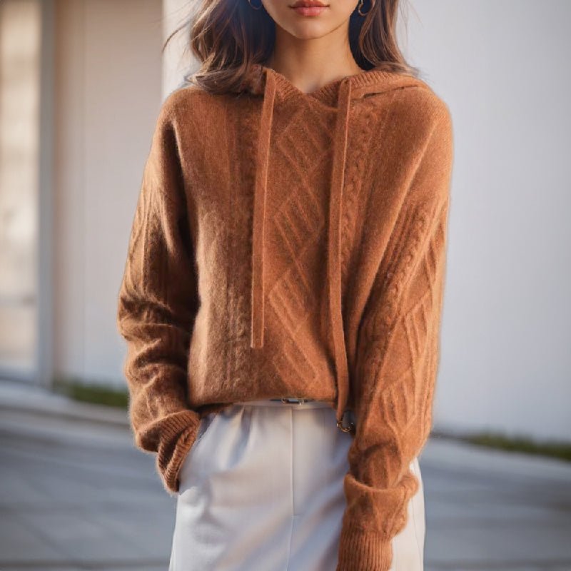 Women's Chunky Oversized Cable Knit Wool Hoodie - Brown