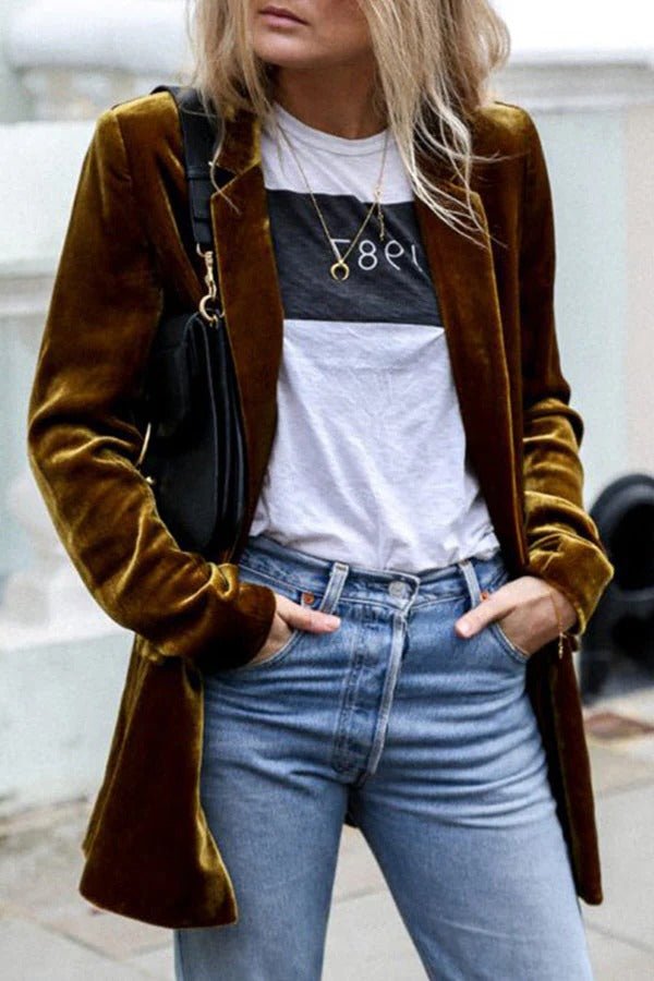 Women's Longline Velvet Blazer - Brown