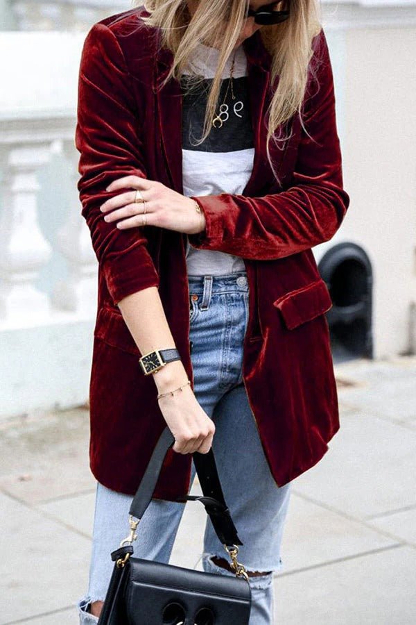 Women's Longline Velvet Blazer - Red
