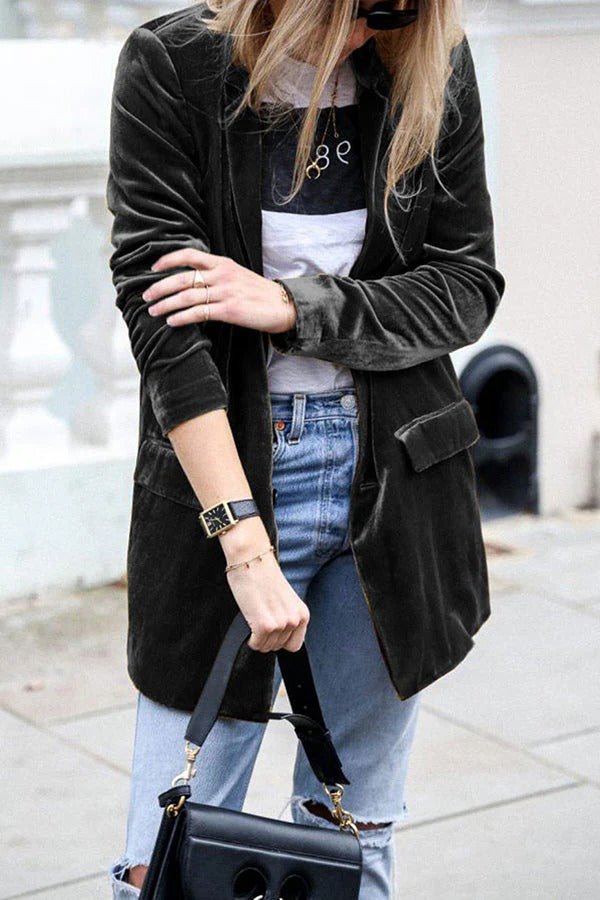 Women's Longline Velvet Blazer - Black