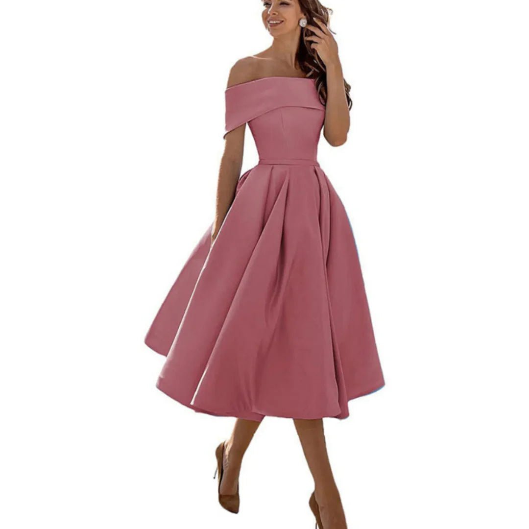 Women's Satin Off-Shoulder Midi Party Dress - Dark Pink