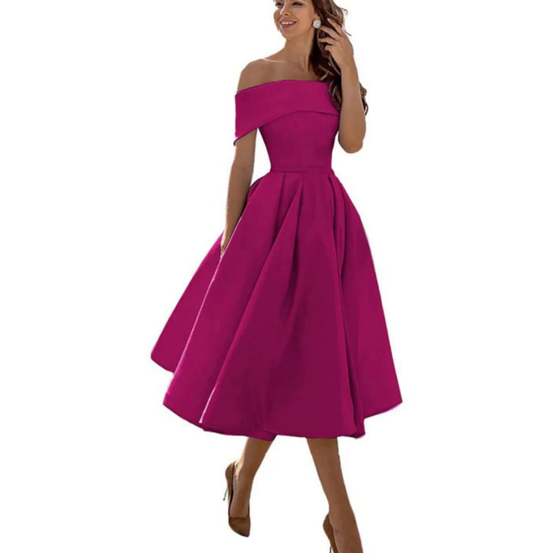 Women's Satin Off-Shoulder Midi Party Dress - Burgundy
