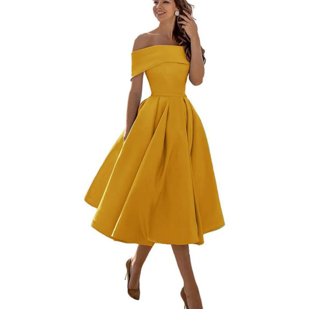 Women's Satin Off-Shoulder Midi Party Dress - Yellow